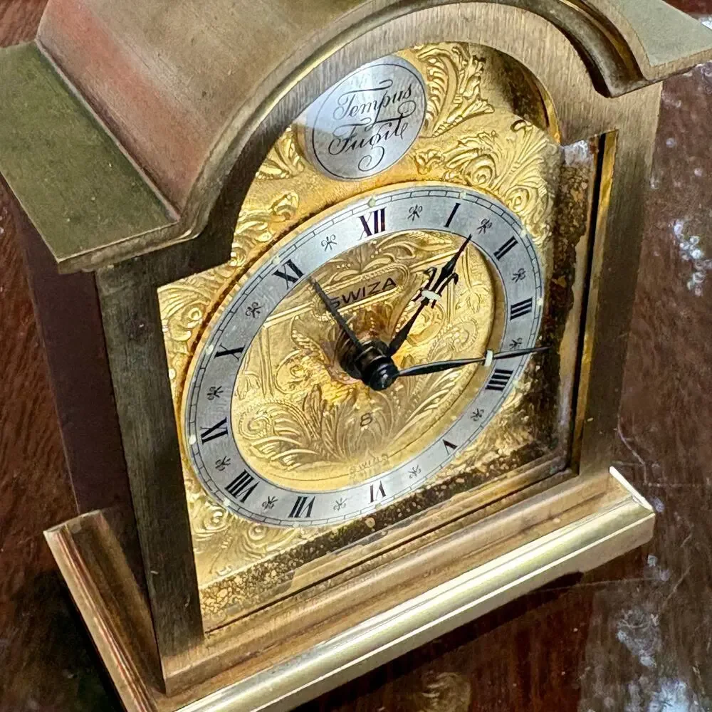 Vintage Swiza Swiss Brass Alarm Clock Tempus Fugit Mantel Clock